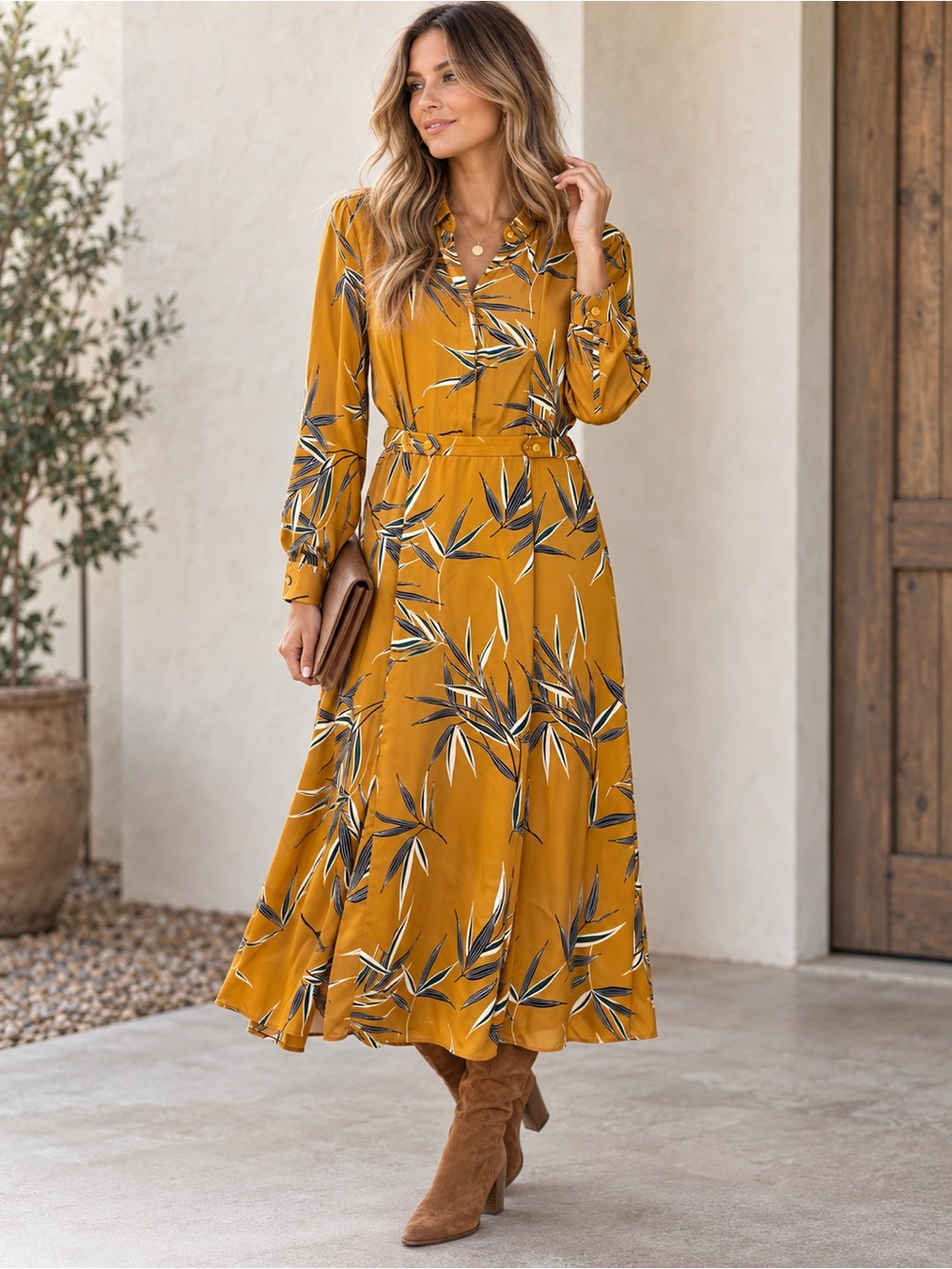 Equipment Femme Quiet Luxury Botanical Print Midi Dress Mustard Gold Size 8 Fall